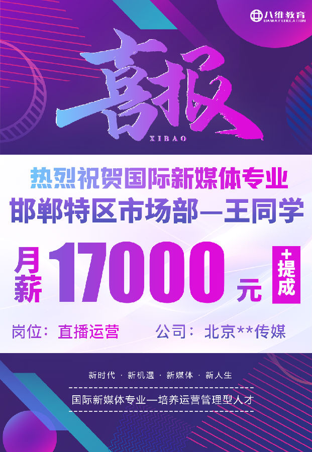 八维职业学校国际新媒体最近就业喜报来袭